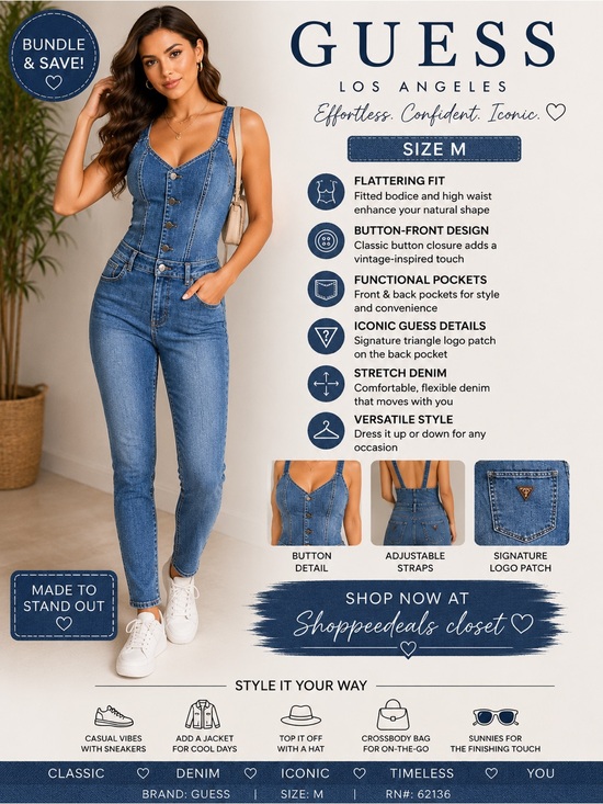 Guess Pants - GUESS Los Angeles Denim Button-Front Jumpsuit Blue Stretch Jean One Piece